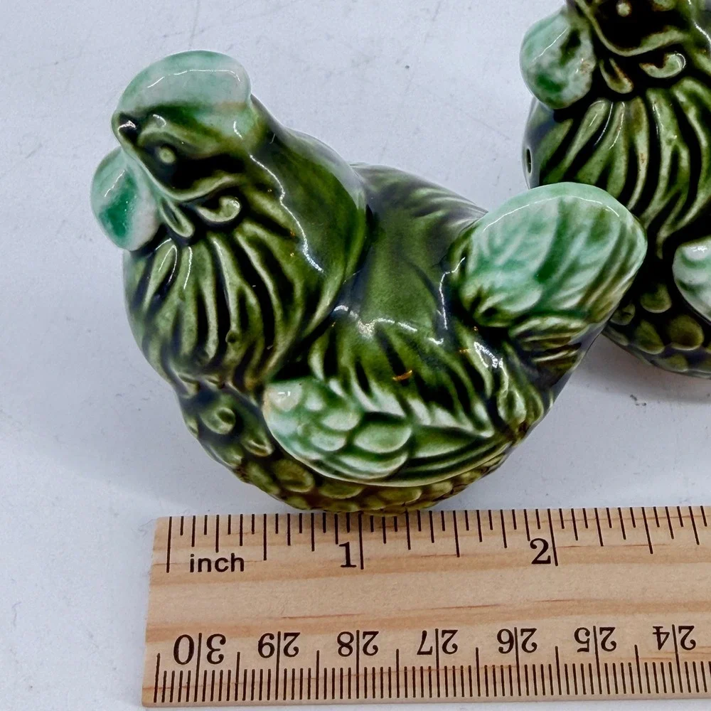 Rooster Chicken Hen Salt Pepper Shakers Green Ceramic Drip Glaze Set Intricate